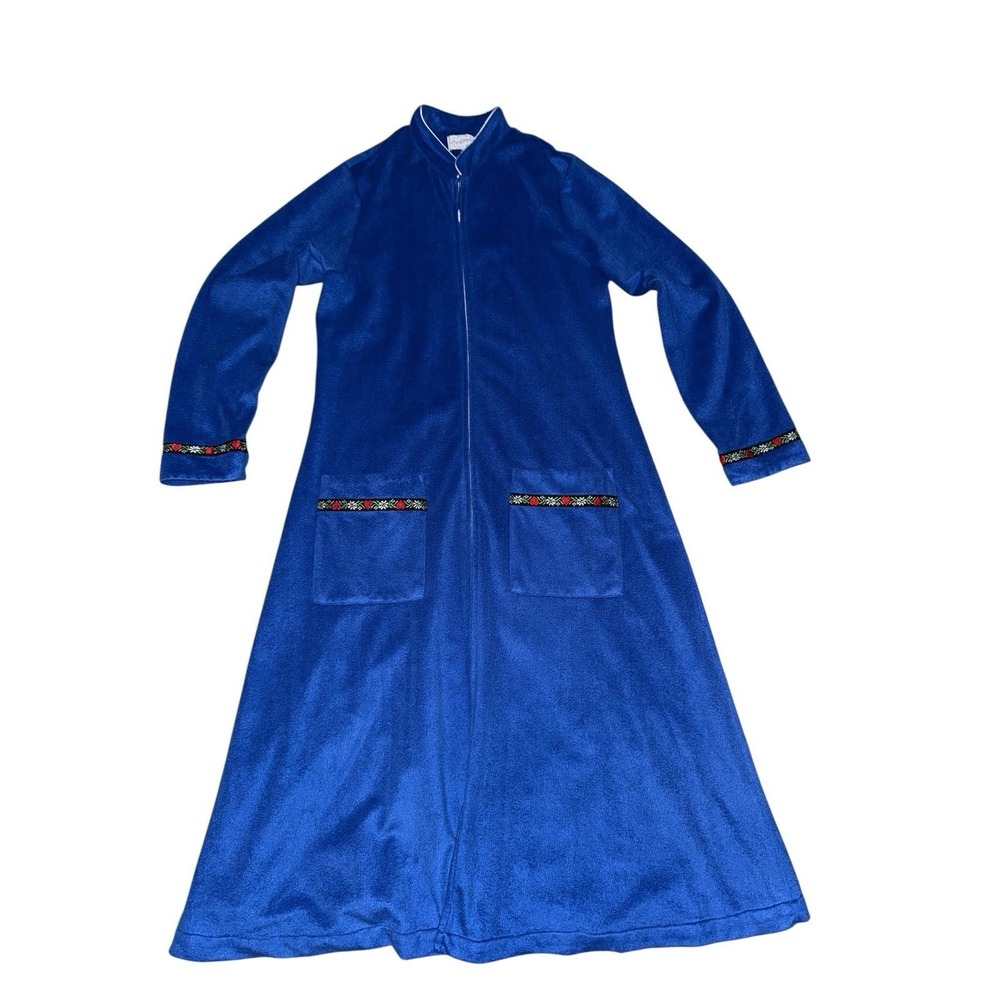 Lanz of Salzburg Fleece Robe Womens Small Blue Zip Front Tyrolean Trim Long Coat